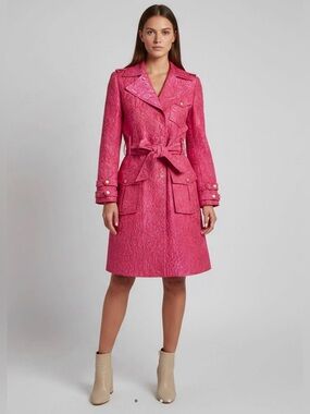 Alice + Olivia Klein Pink Floral Jacquard Brocade Belted Trench Coat S